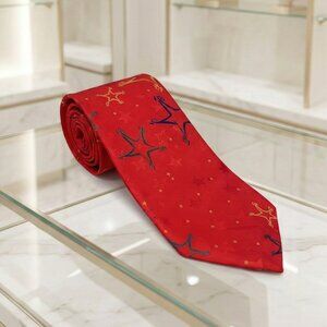 100% Silk Christmas Tie Red Star Print Unisex Holiday Accessory